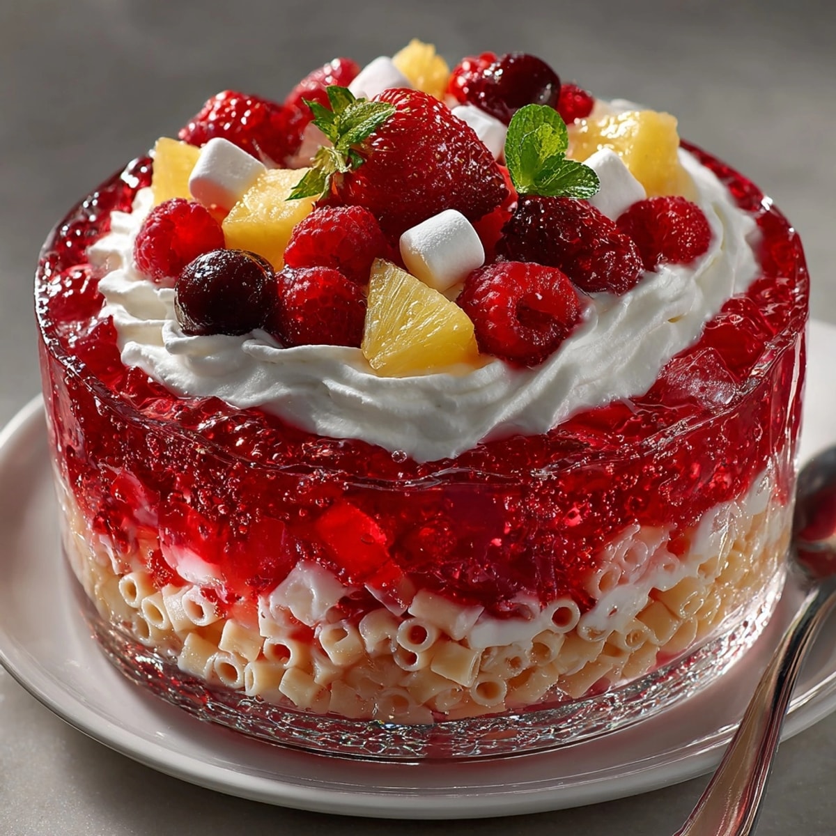 Cool, refreshing Rebel Soda Jello Parfait Pasta Salad is a delightful mix of flavors and textures.