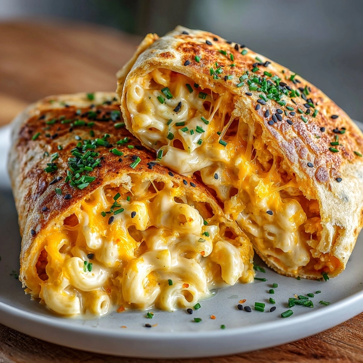 Warm Halloween Orange Cheddar Mac Wraps, oozing melted cheese and ready to eat!