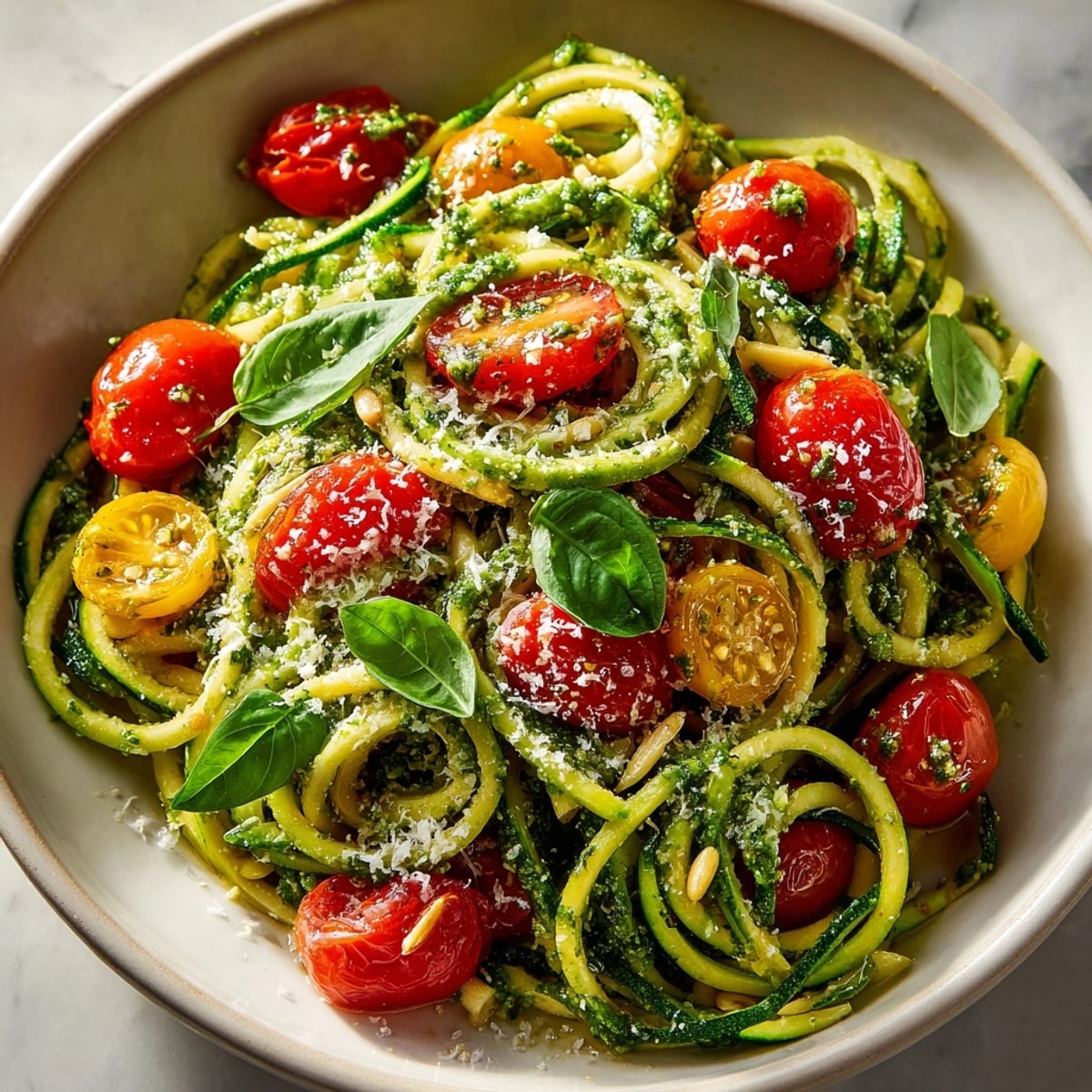 Vibrant Cherry Tomato Pesto Zucchini Pasta, a light, healthy meal with fresh basil and tomatoes.