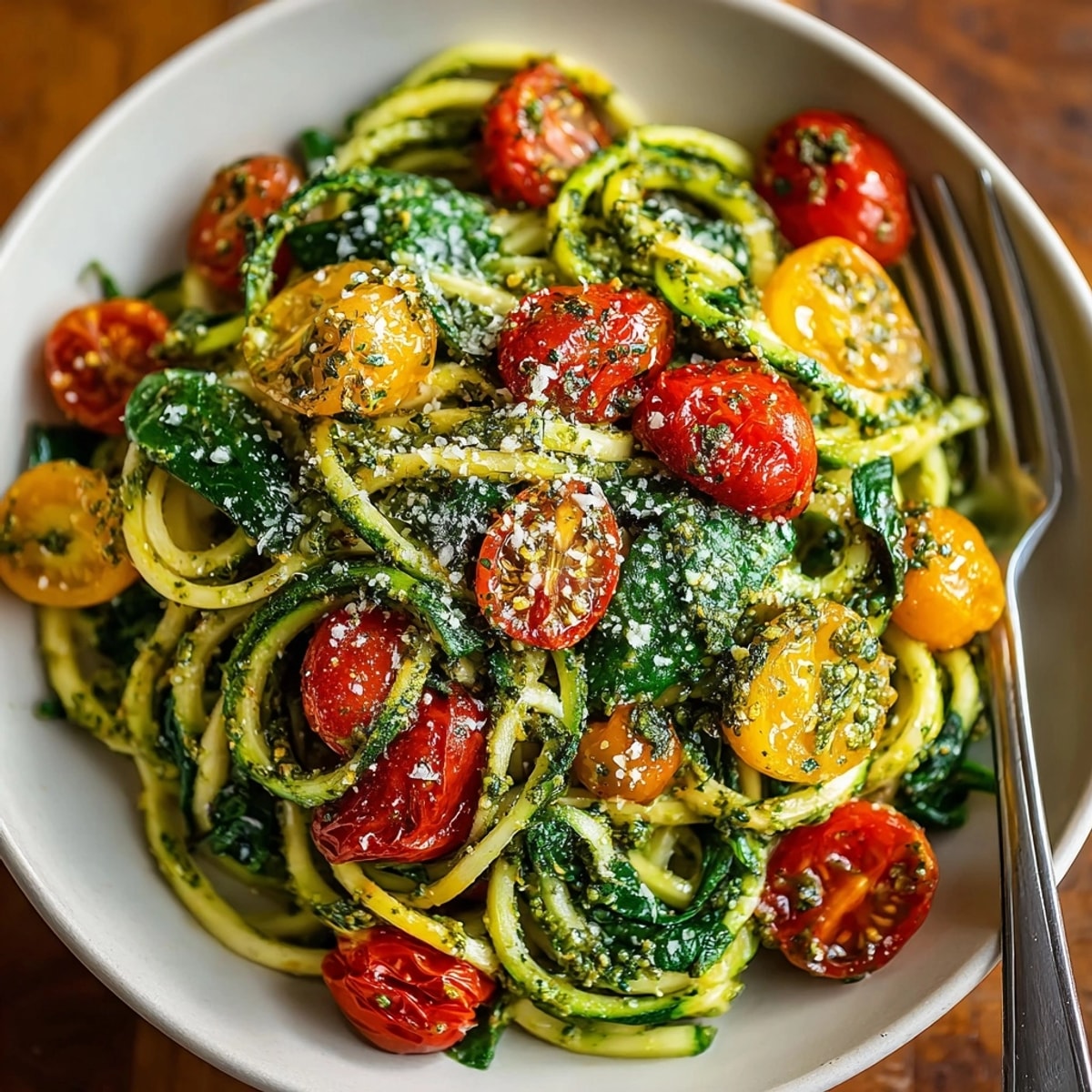 A close-up of the finished Cherry Tomato Pesto Zucchini Pasta, displaying spiralized zucchini coated in pesto.