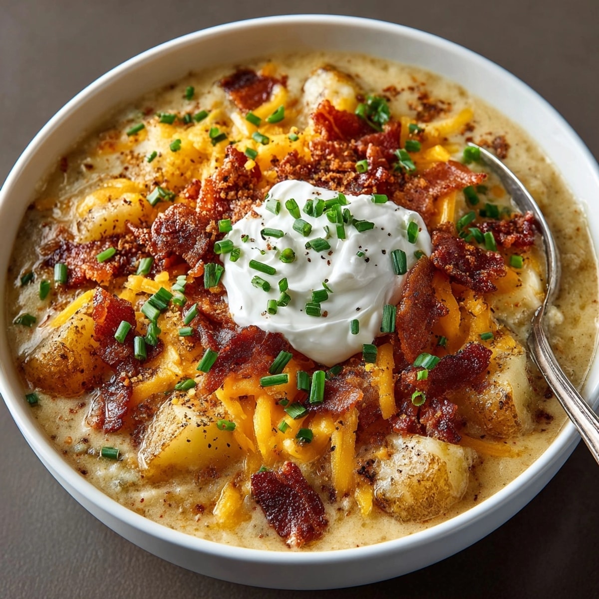 Creamy, rich bowl of Loaded Baked Potato Soup, topped with crunchy bacon and sharp cheddar.