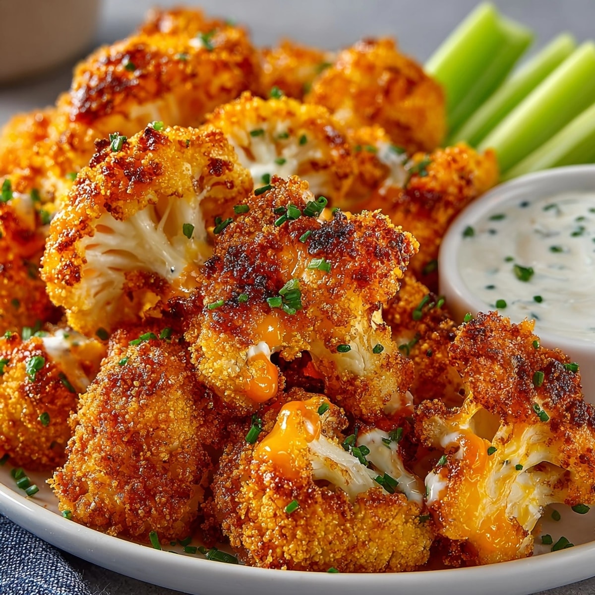 Golden, crispy Cauliflower Buffalo Bites with a vibrant, glossy buffalo sauce, ready to eat.