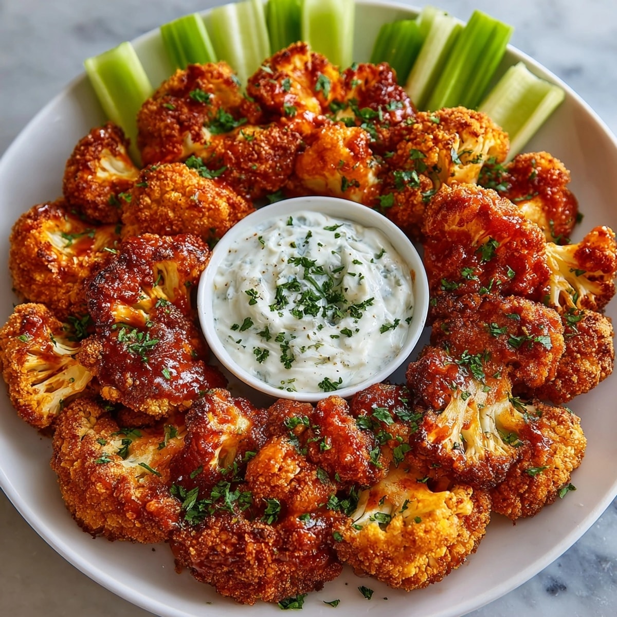 Tempting, saucy plate of homemade Cauliflower Buffalo Bites served with celery sticks for dipping.