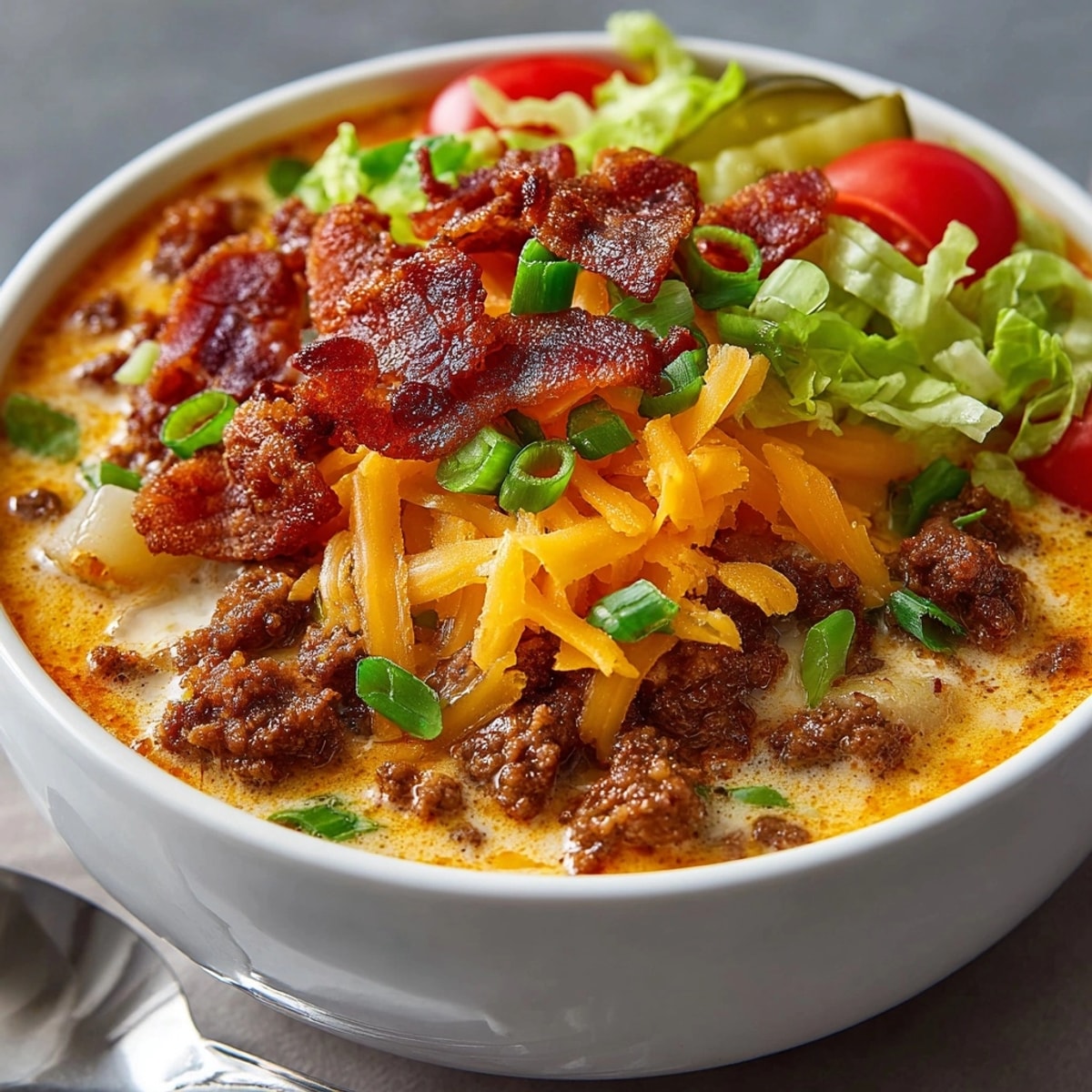 A close-up of a steaming bowl of Loaded Cheeseburger Soup, garnished with crisp bacon and fresh toppings.