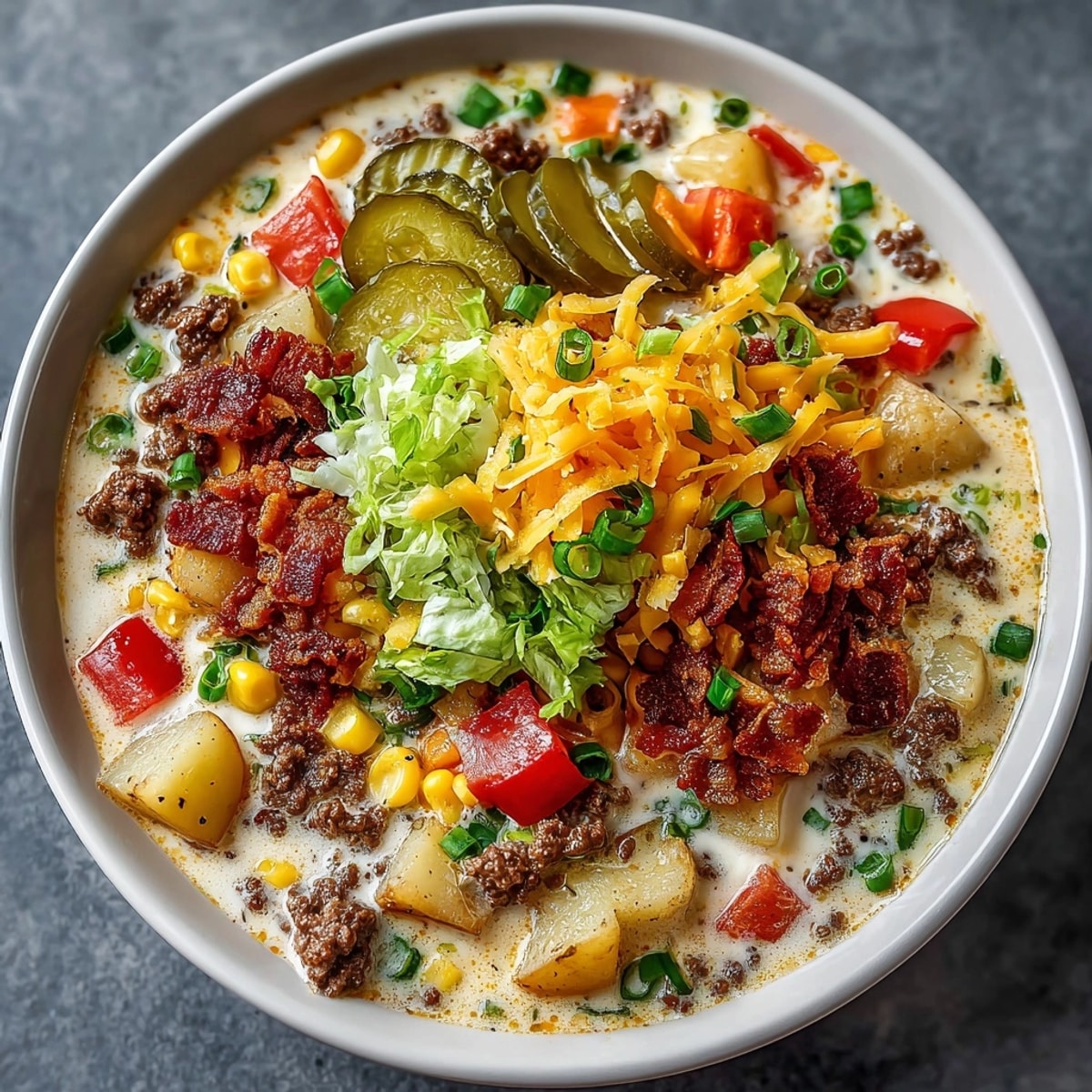 Creamy and rich, this Loaded Cheeseburger Soup invites with its savory aroma and melty cheese.
