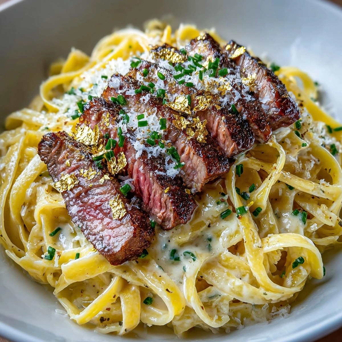 Golden Wagyu beef pasta, glistening with gold leaf, offers a luxurious, rich flavor profile.