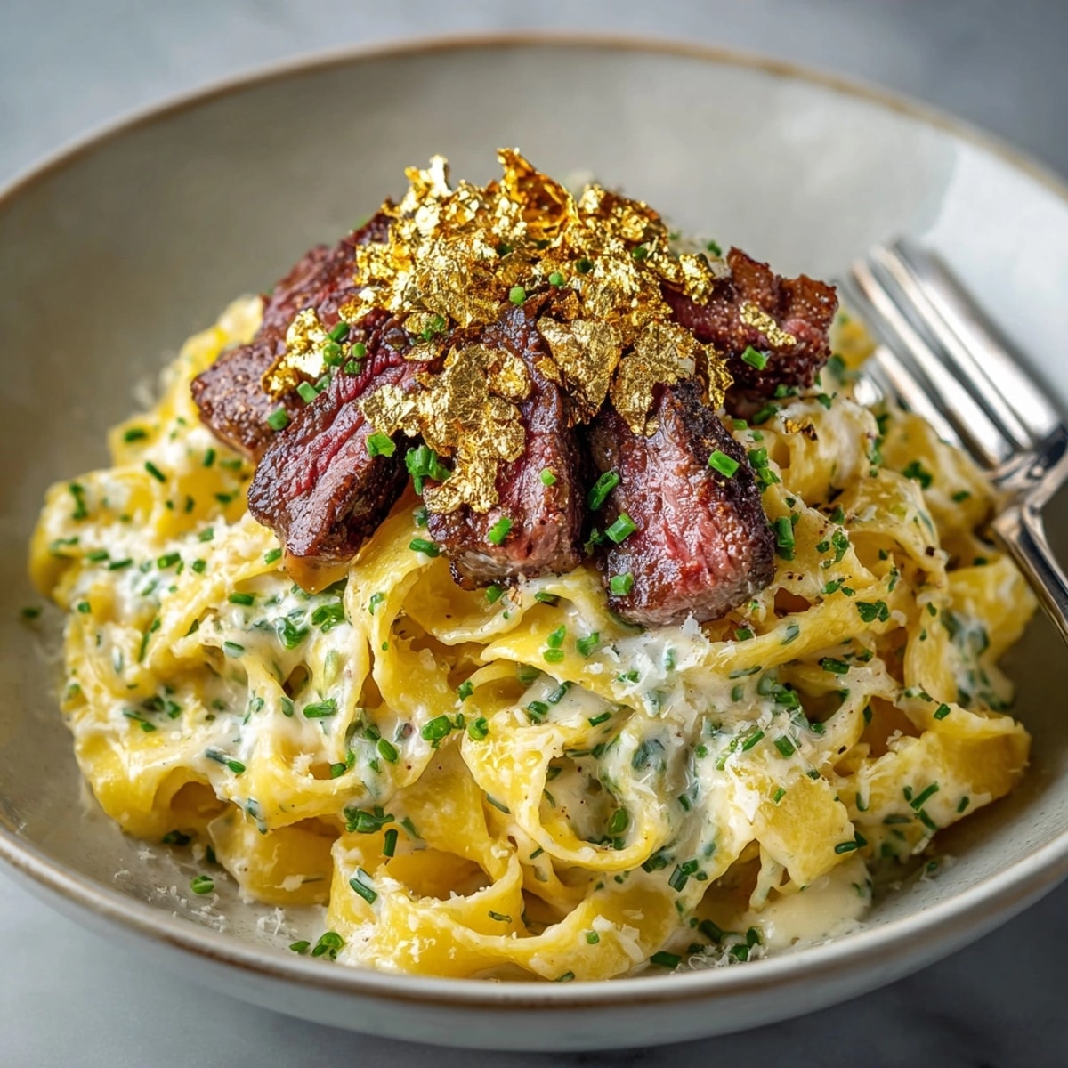Perfectly seared Wagyu beef tops this creamy pasta, finished with glistening gold leaf, an exquisite dish.
