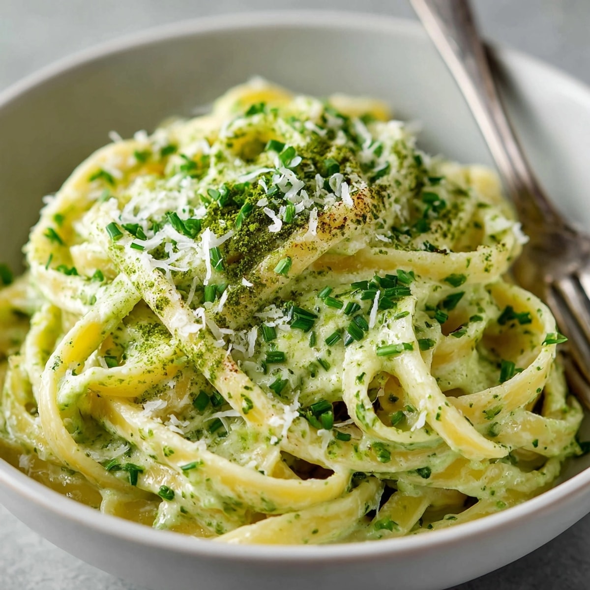 Creamy Matcha White Sauce Pasta, elegantly dusted with vibrant green tea powder for serving.