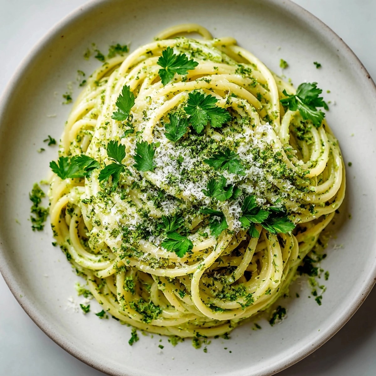 This gorgeous fusion dish shows Matcha White Sauce Pasta, ready to be savored with a unique flavor.