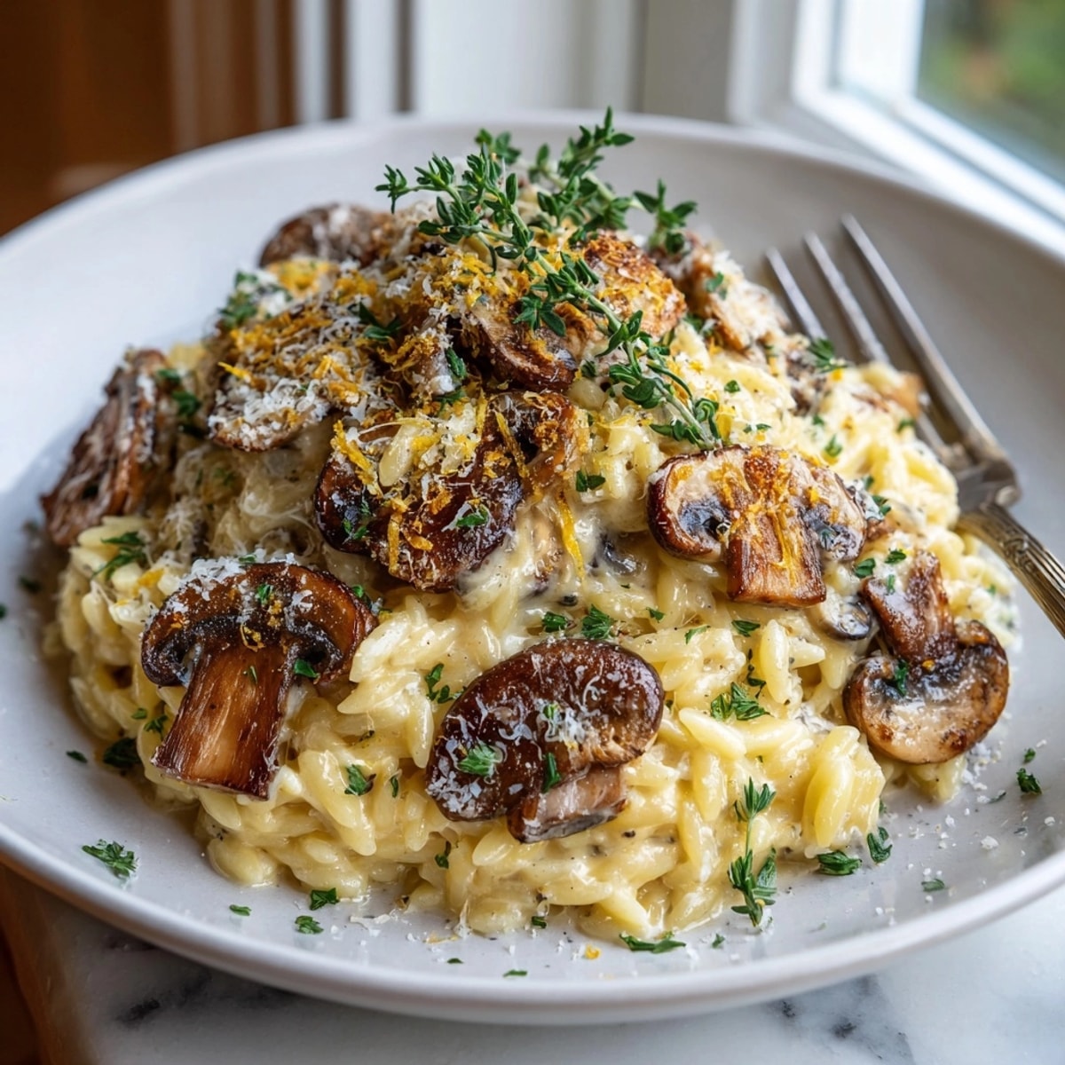 Creamy Wild Mushroom Risotto Pasta, perfectly coated in earthy porcini dust, ready to enjoy.