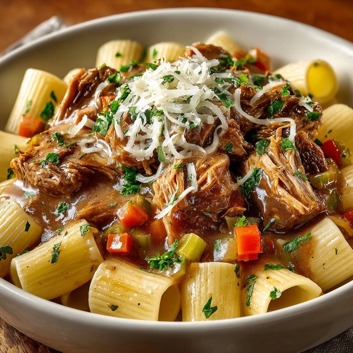 Cozy photo of Apple Cider Braised Pork Pasta, with hearty pasta and tender pork in a rich sauce.
