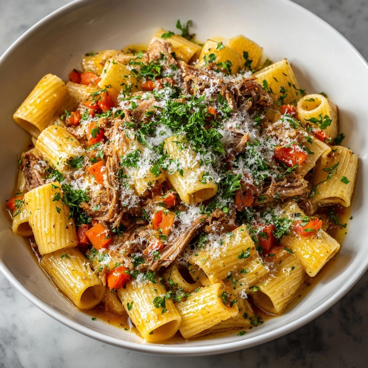 Delicious and comforting bowl of Apple Cider Braised Pork Pasta, featuring a fragrant cinnamon-infused sauce.