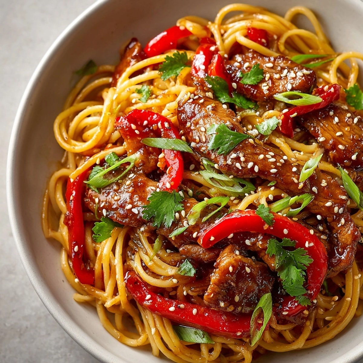 Tender pork and pasta glistening in a savory Plum Glazed Pork Pasta with vibrant red peppers and scallions.