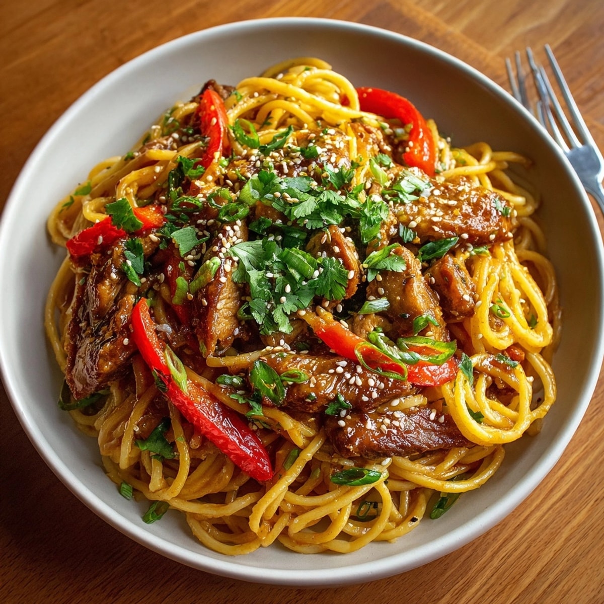 A colorful bowl showcasing a flavorful Plum Glazed Pork Pasta, complete with nutty sesame seeds and fresh cilantro.