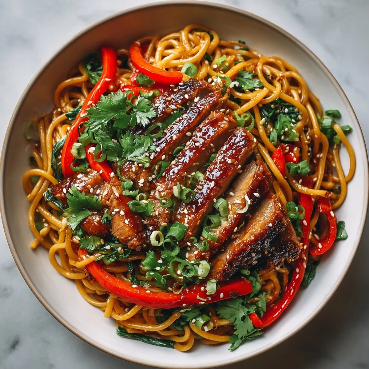 Imagine the delicious Plum Glazed Pork Pasta: a perfect balance of sweet sauce with juicy pork and fresh ingredients.