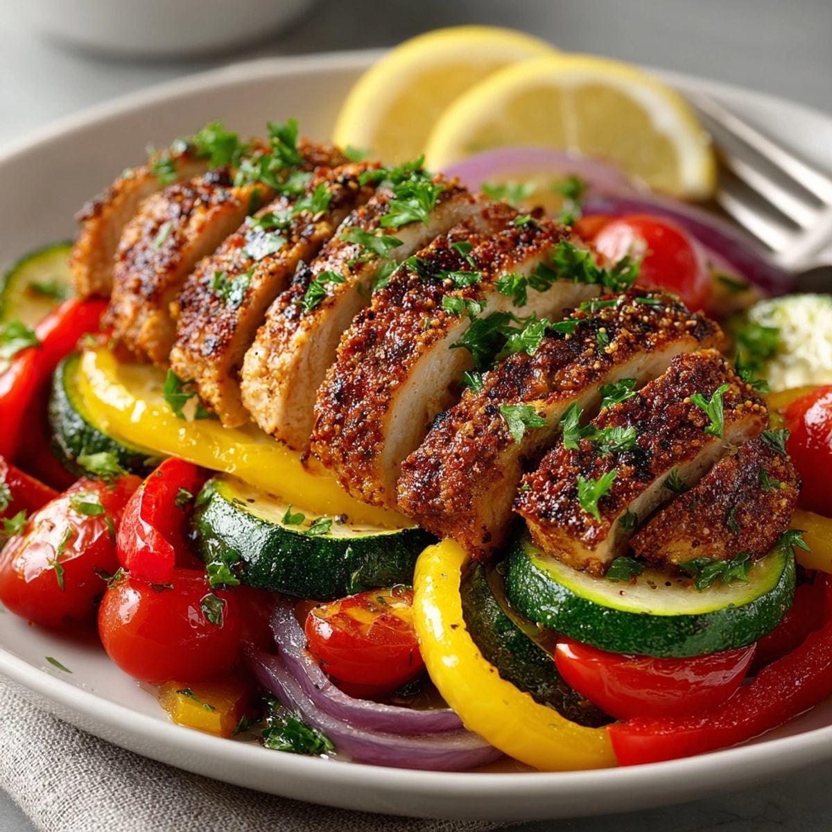 Colorful Cajun Chicken and Vegetable Skillet served in a skillet with bright fresh veggies and savory herbs.