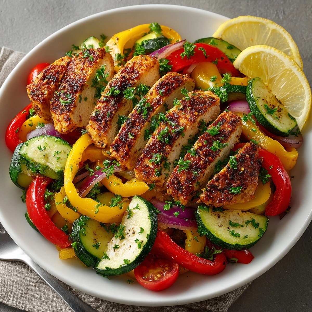 Juicy chicken breasts in Cajun Chicken and Vegetable Skillet, tossed with sautéed peppers and zucchini for dinner.