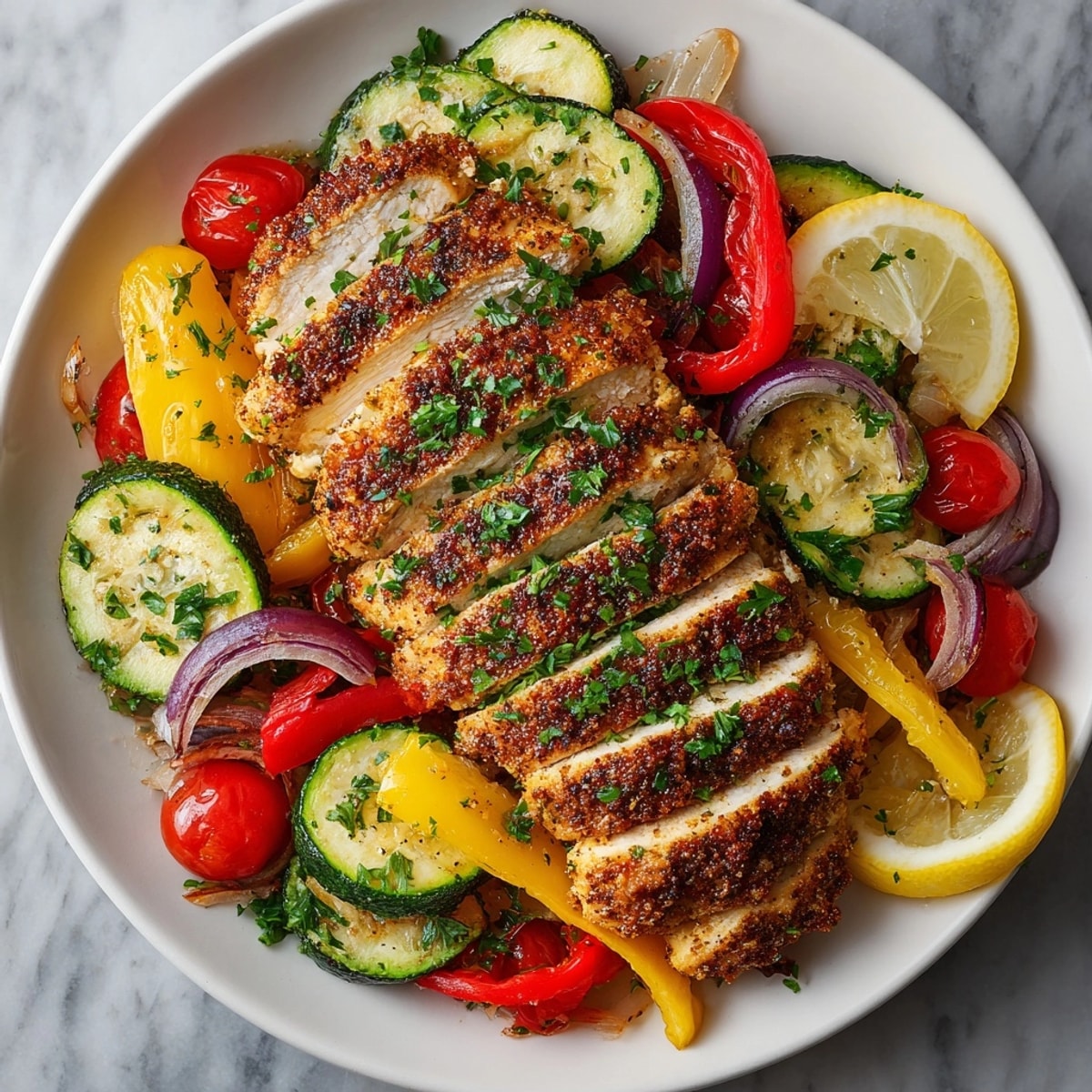 Cajun Chicken and Vegetable Skillet garnished with parsley and lemon wedges, ready for a gluten-free meal.