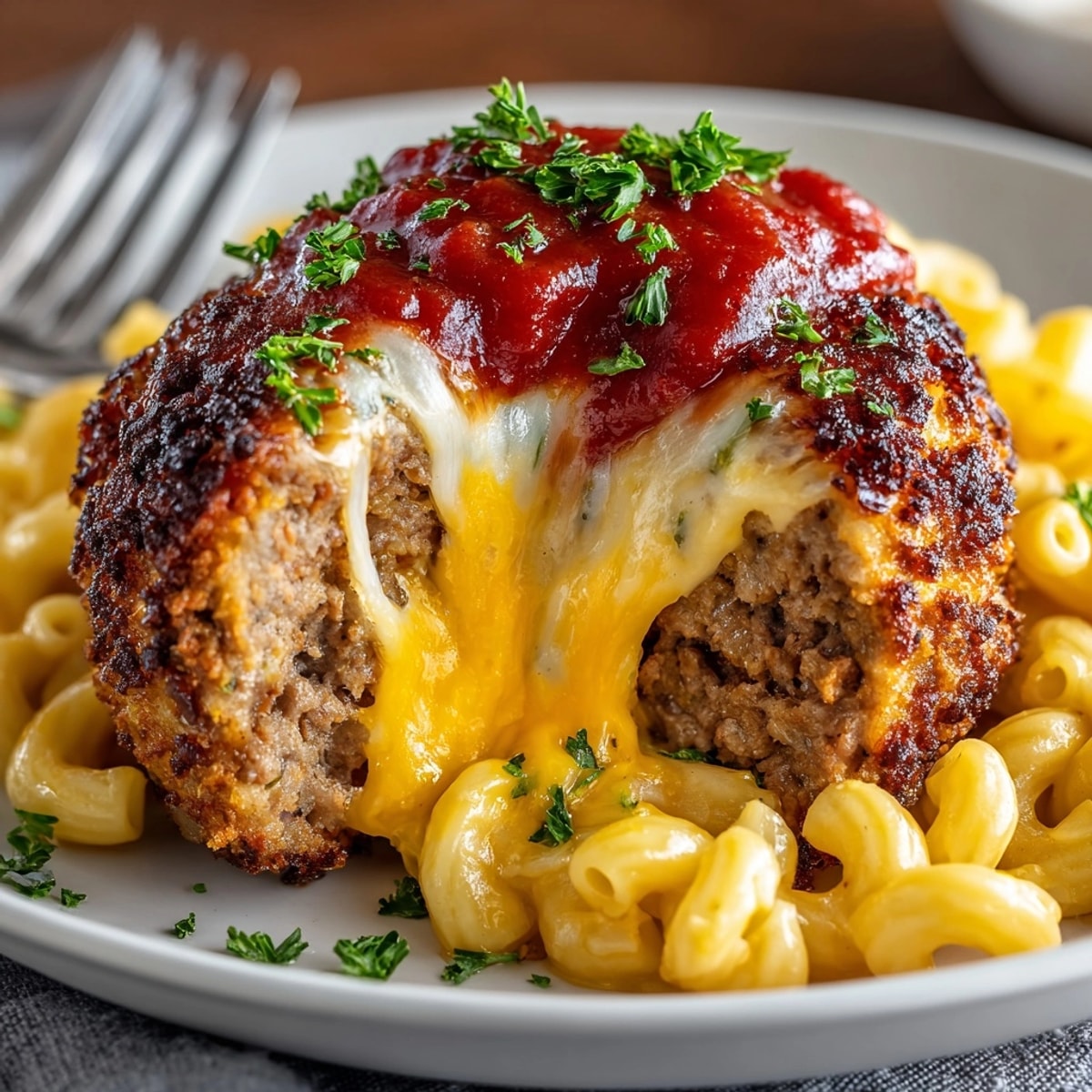 Golden-brown mac and cheese stuffed meatballs served hot with melted cheese and parsley garnish.