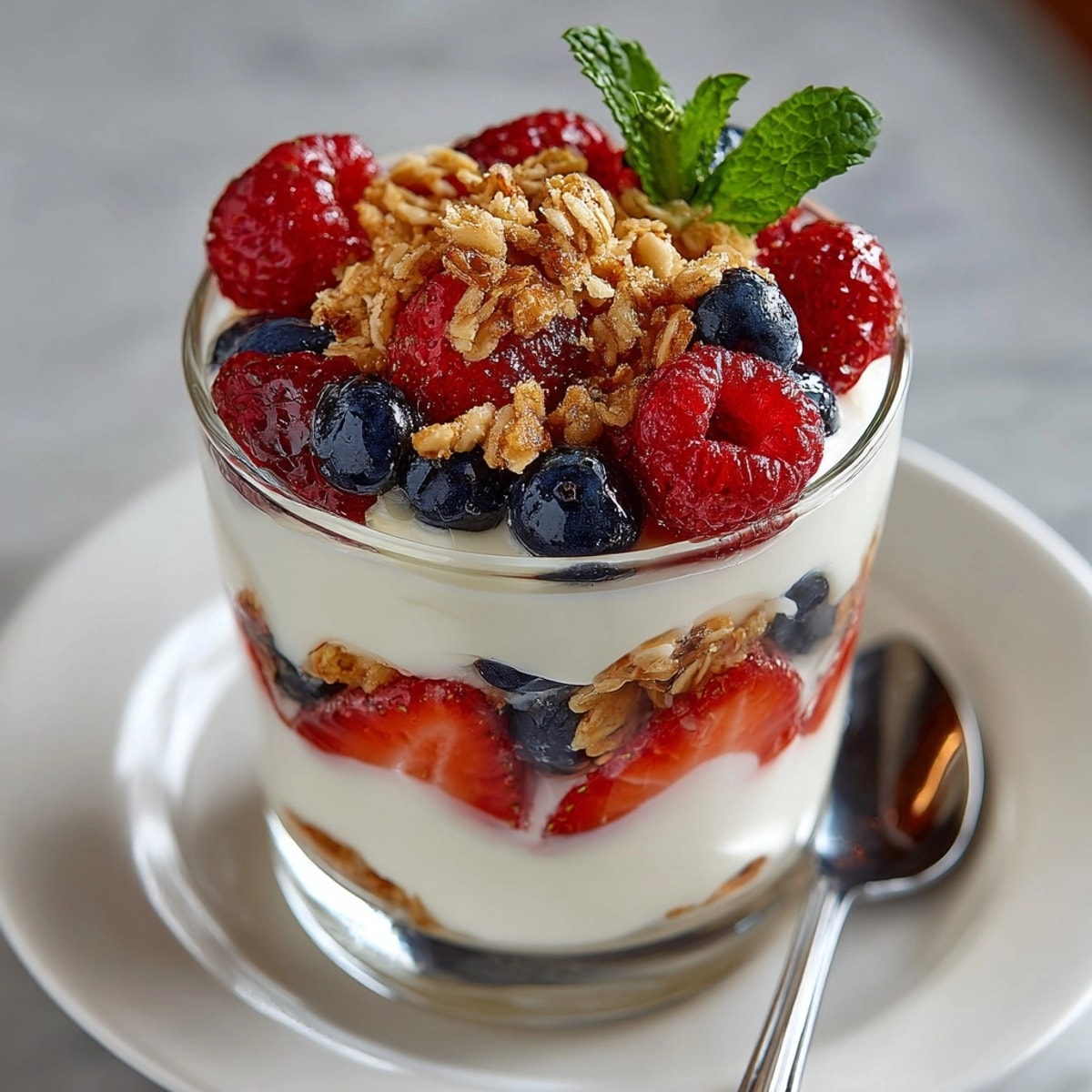 Layers of creamy ricotta and juicy berries in a Ricotta Berry Parfait, served in a glass.