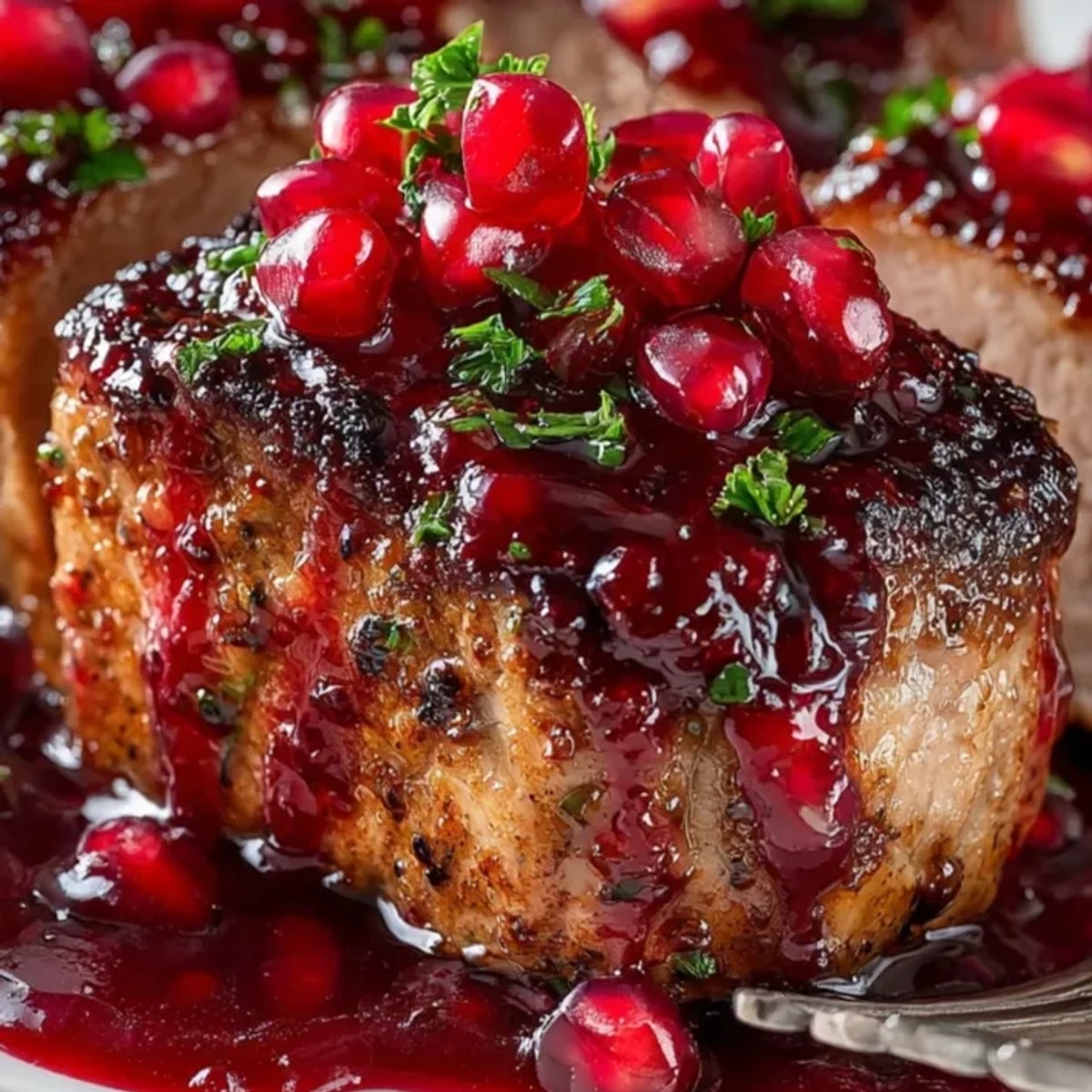 Pomegranate glazed pork tenderloin sliced and topped with fresh pomegranate seeds and parsley.