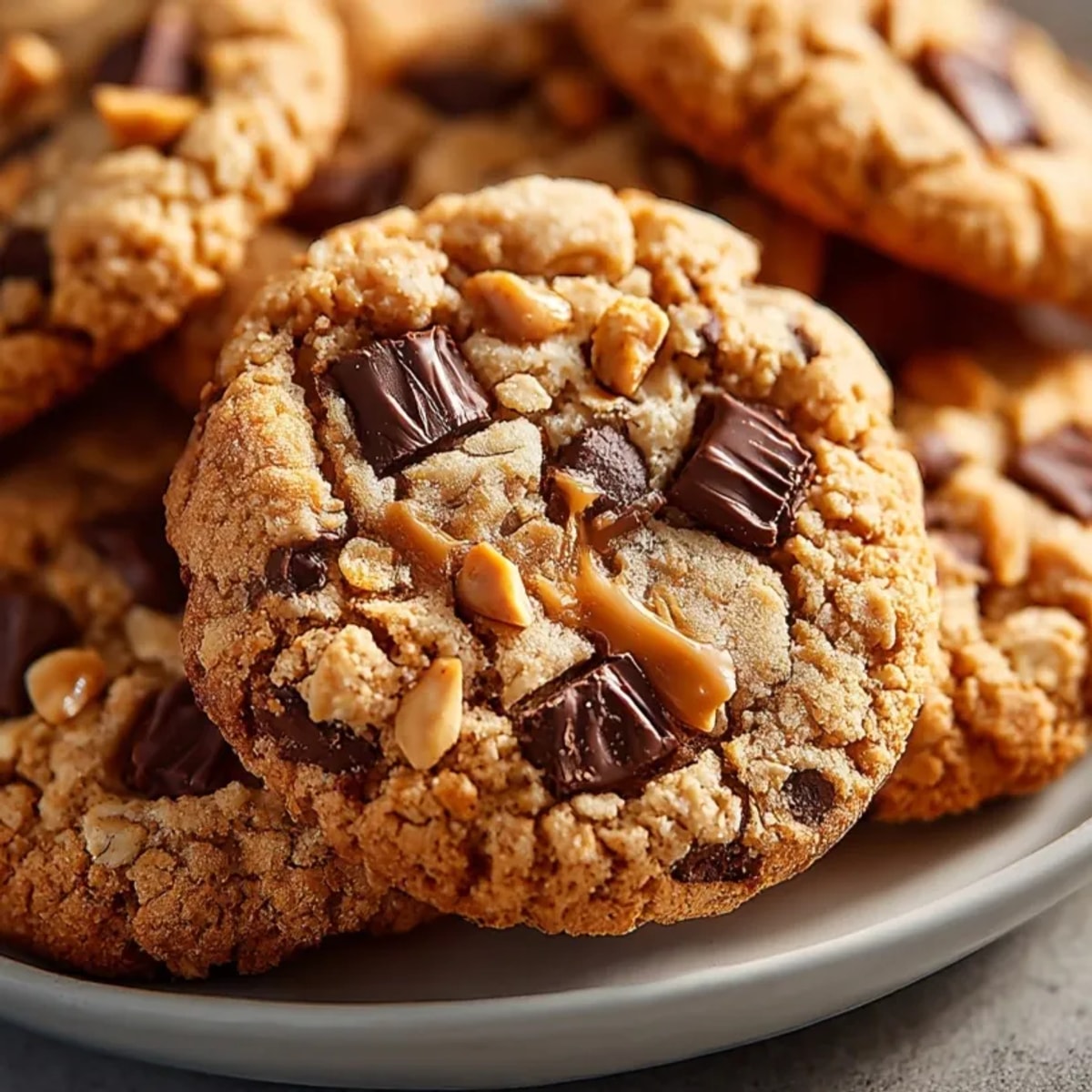 Freshly baked peanut butter oatmeal cookies cooling on a wire rack, golden and chewy
