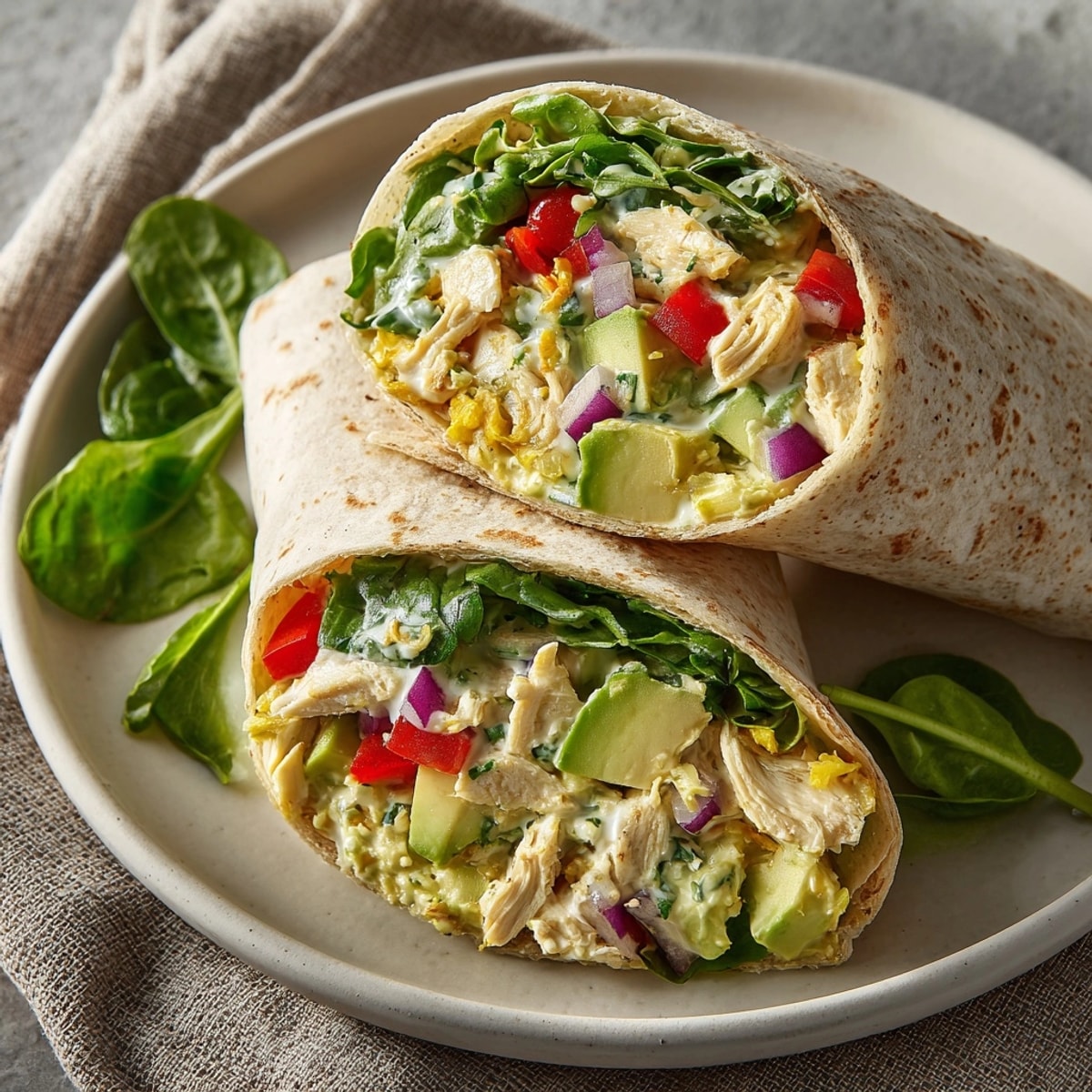 Handheld avocado chicken salad wrap bursting with colorful veggies, ready for a quick, healthy lunch.