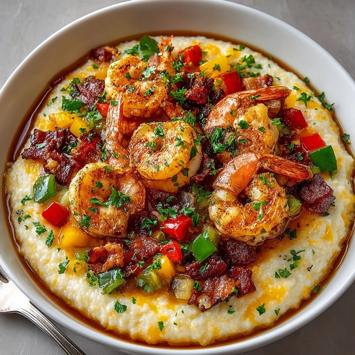 Cajun Shrimp and Grits served in bowls with creamy cheese grits and spicy shrimp topping.