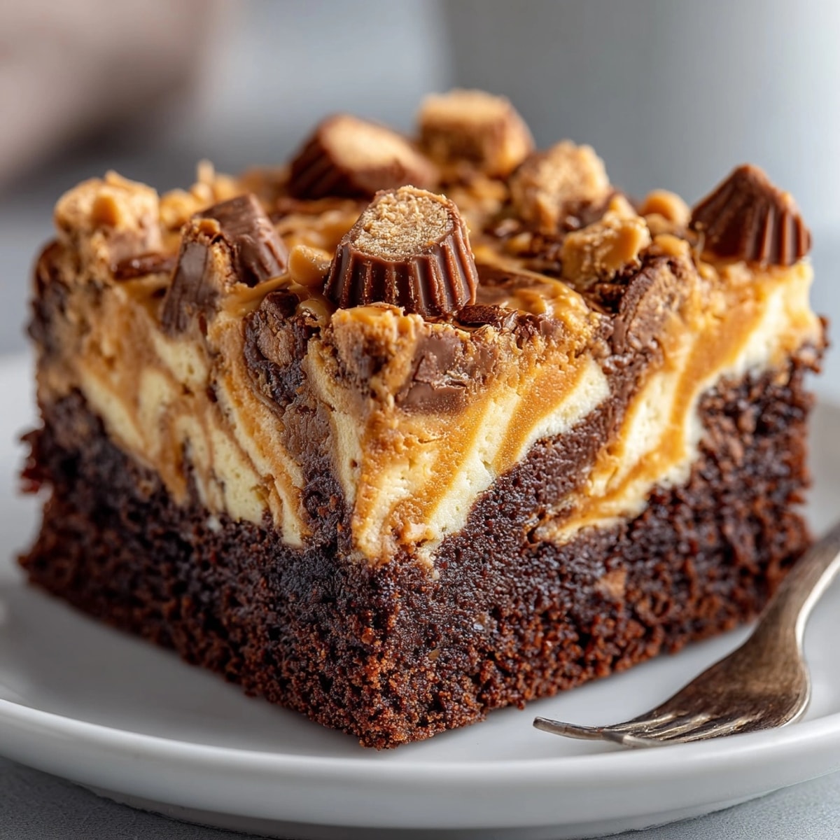 Rich and gooey Peanut Butter Cup Brownies swirled with creamy peanut butter, freshly baked and cooling on parchment.