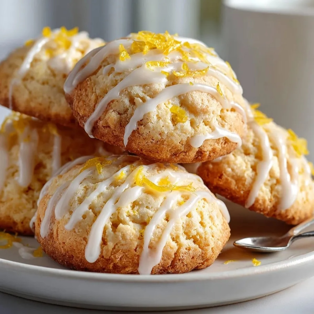 Freshly glazed ricotta lemon cookies with bright citrus zest, ready to serve for dessert.