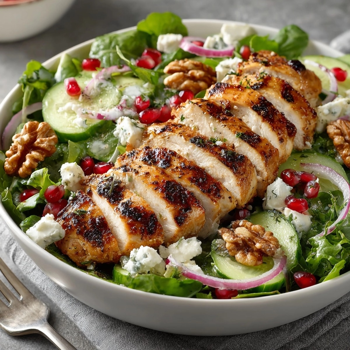 Pomegranate Walnut Chicken Salad tossed with greens, feta, and cucumber on a rustic platter.