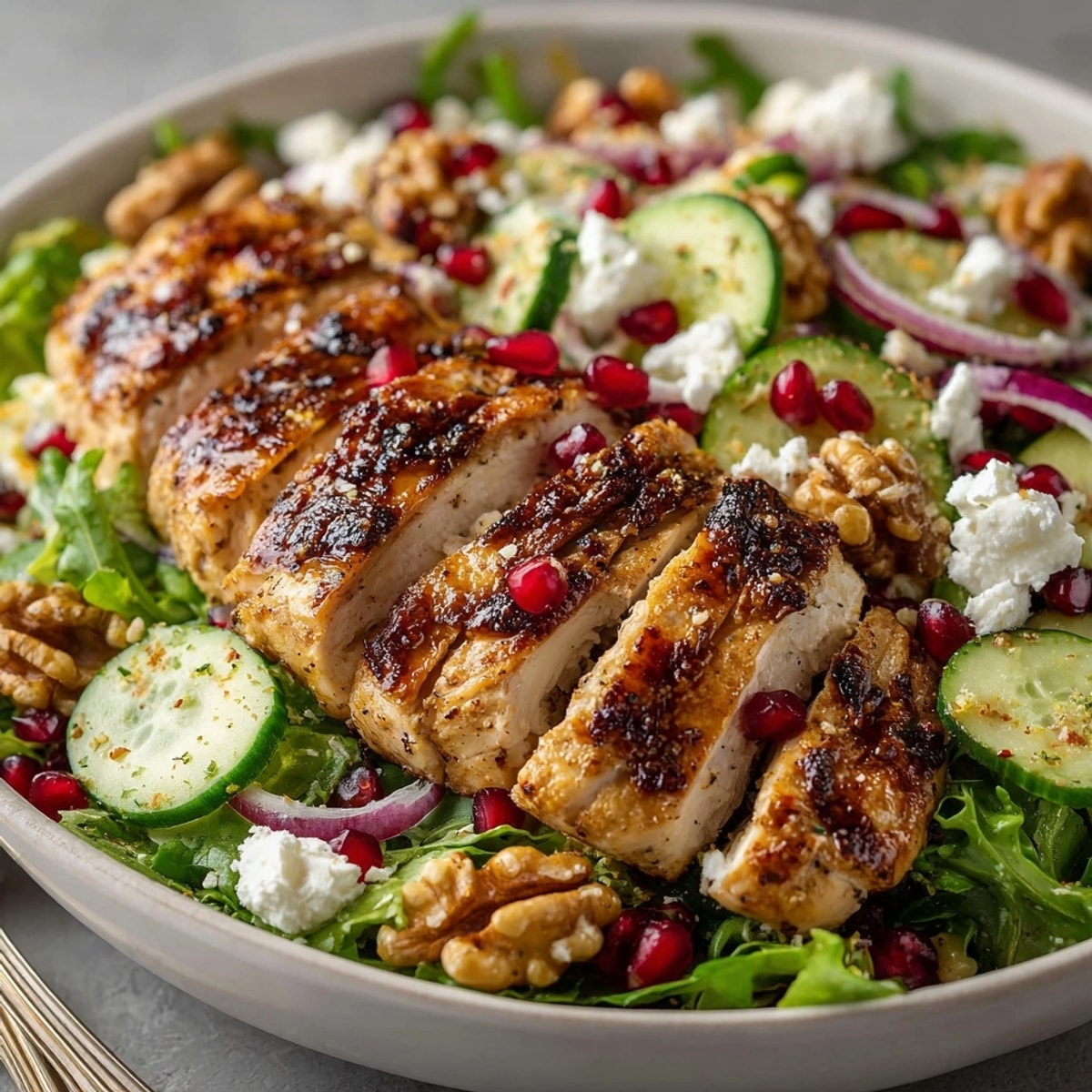 Freshly made Pomegranate Walnut Chicken Salad featuring juicy chicken breast and bursts of pomegranate seeds.