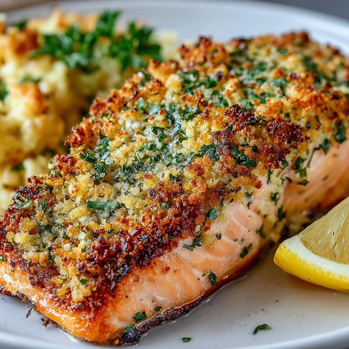 Garlic Butter Herb Crusted Salmon fillet baked to golden perfection, garnished with fresh herbs and lemon.