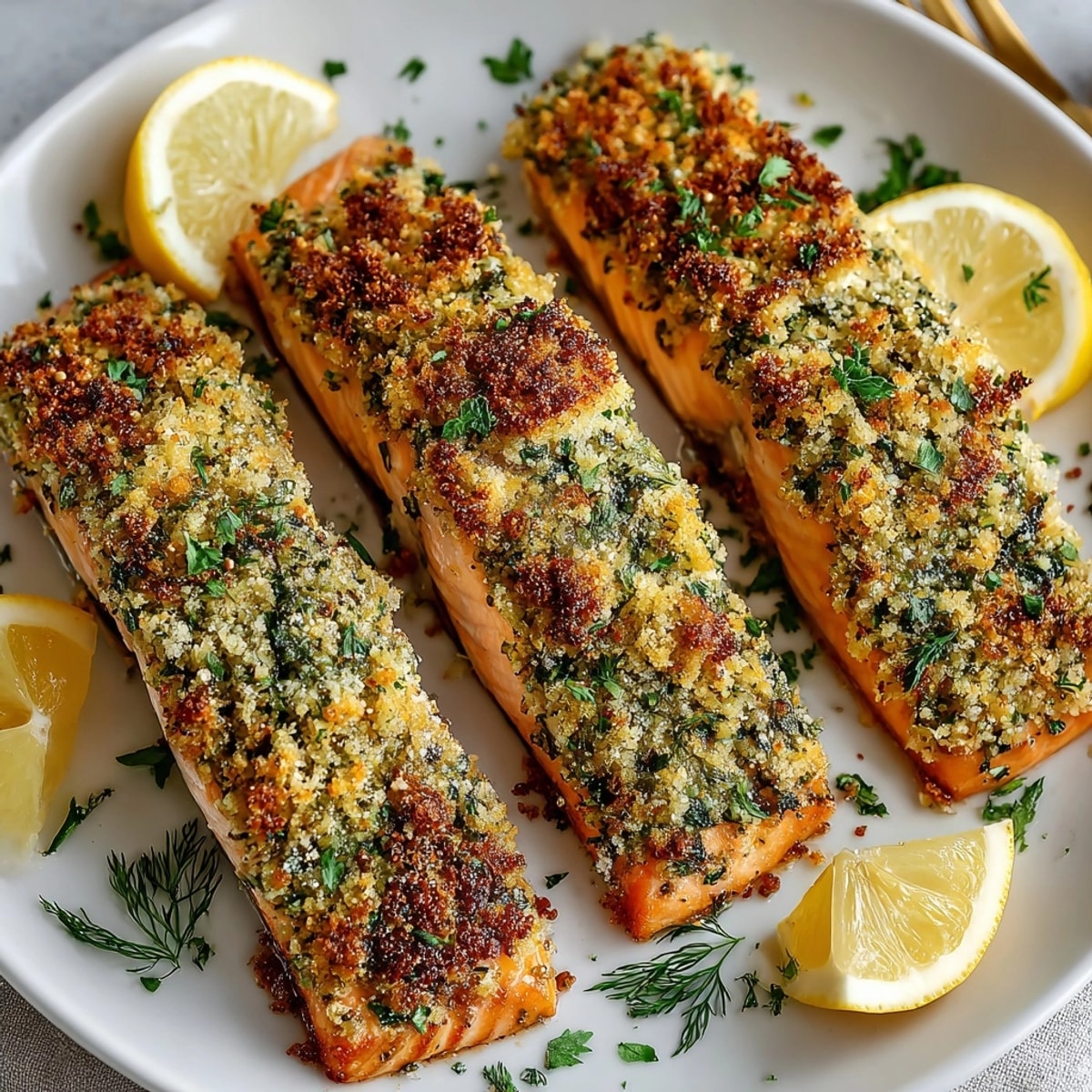 Close-up of flaky Garlic Butter Herb Crusted Salmon showing savory herb crust and vibrant lemon wedges.