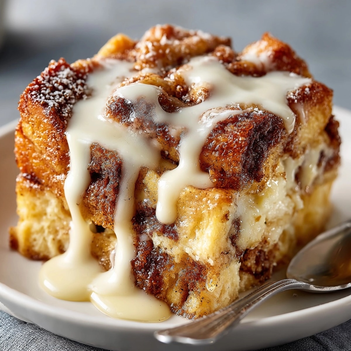 Cinnamon roll bread pudding with vanilla sauce served hot, golden and drizzled, ready for dessert.