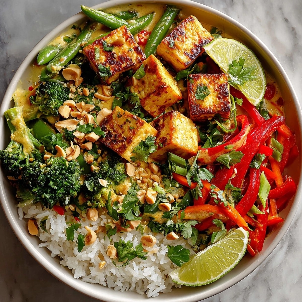 Thai Curry Coconut Rice Bowl served in a deep dish, topped with colorful fresh vegetables and tofu.