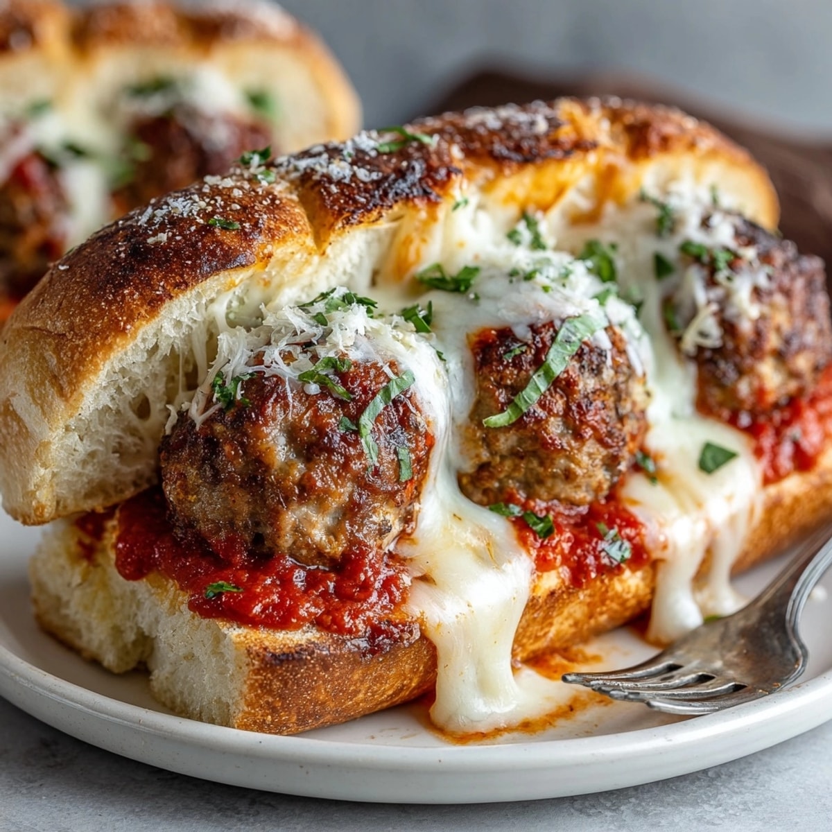 Stuffed Cheese Meatball Subs served hot on toasted rolls, bubbling with melted mozzarella and marinara.