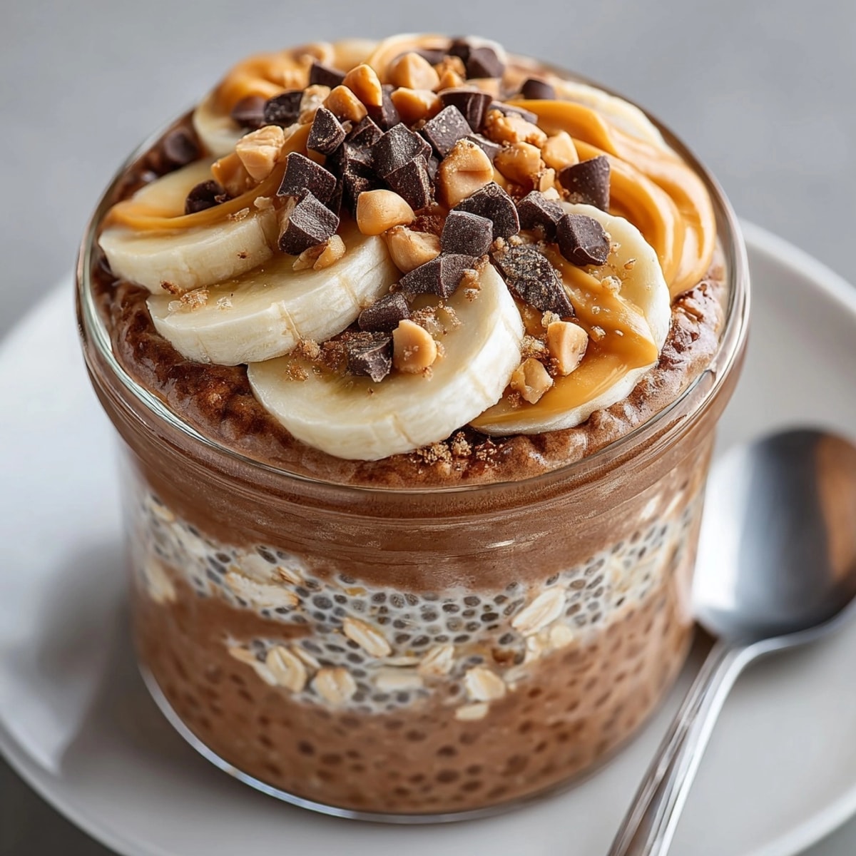 Chocolate Peanut Butter Overnight Oats topped with banana slices and mini chocolate chips in a glass jar.