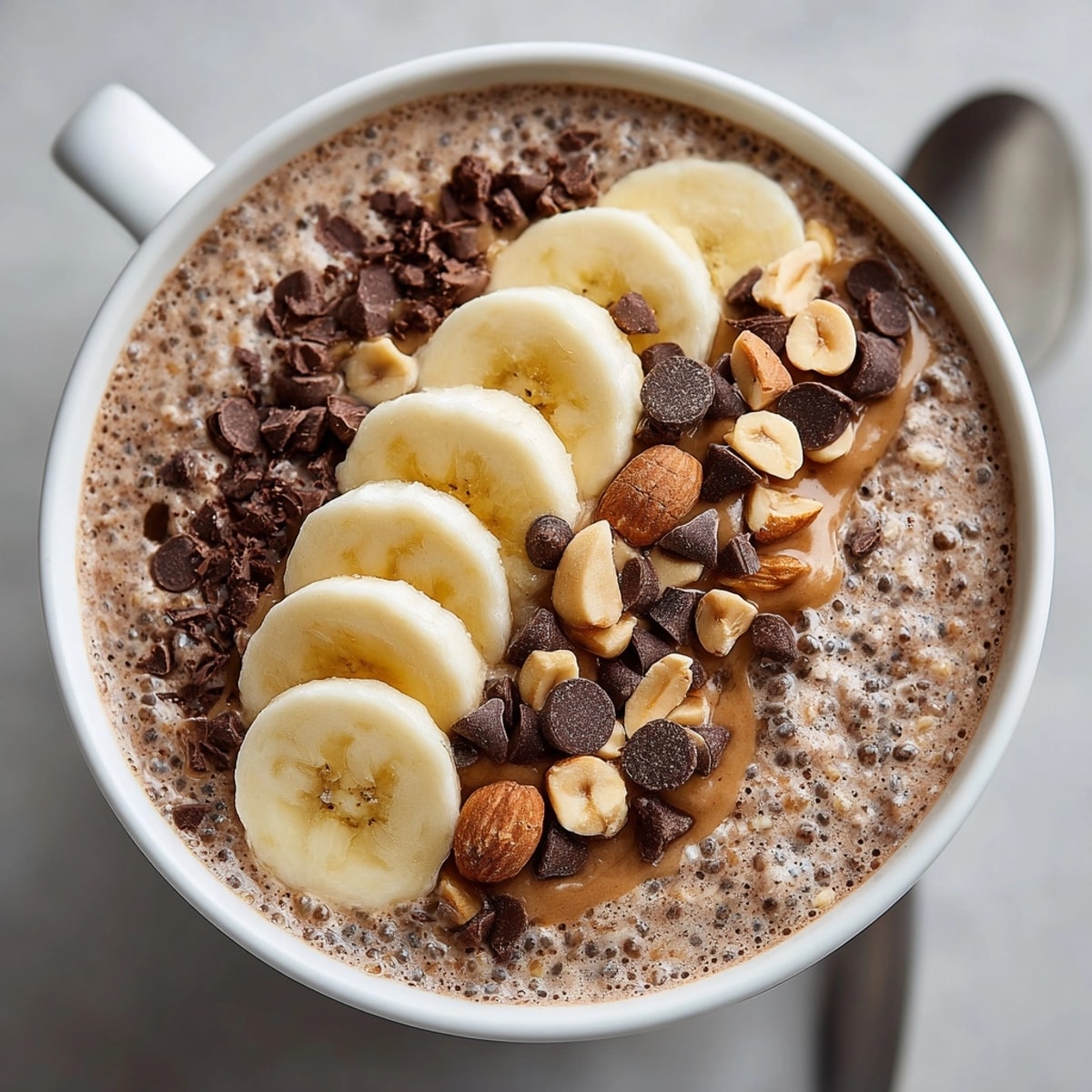 Creamy chocolate peanut butter overnight oats, ready to eat, served chilled with crunchy roasted peanuts.
