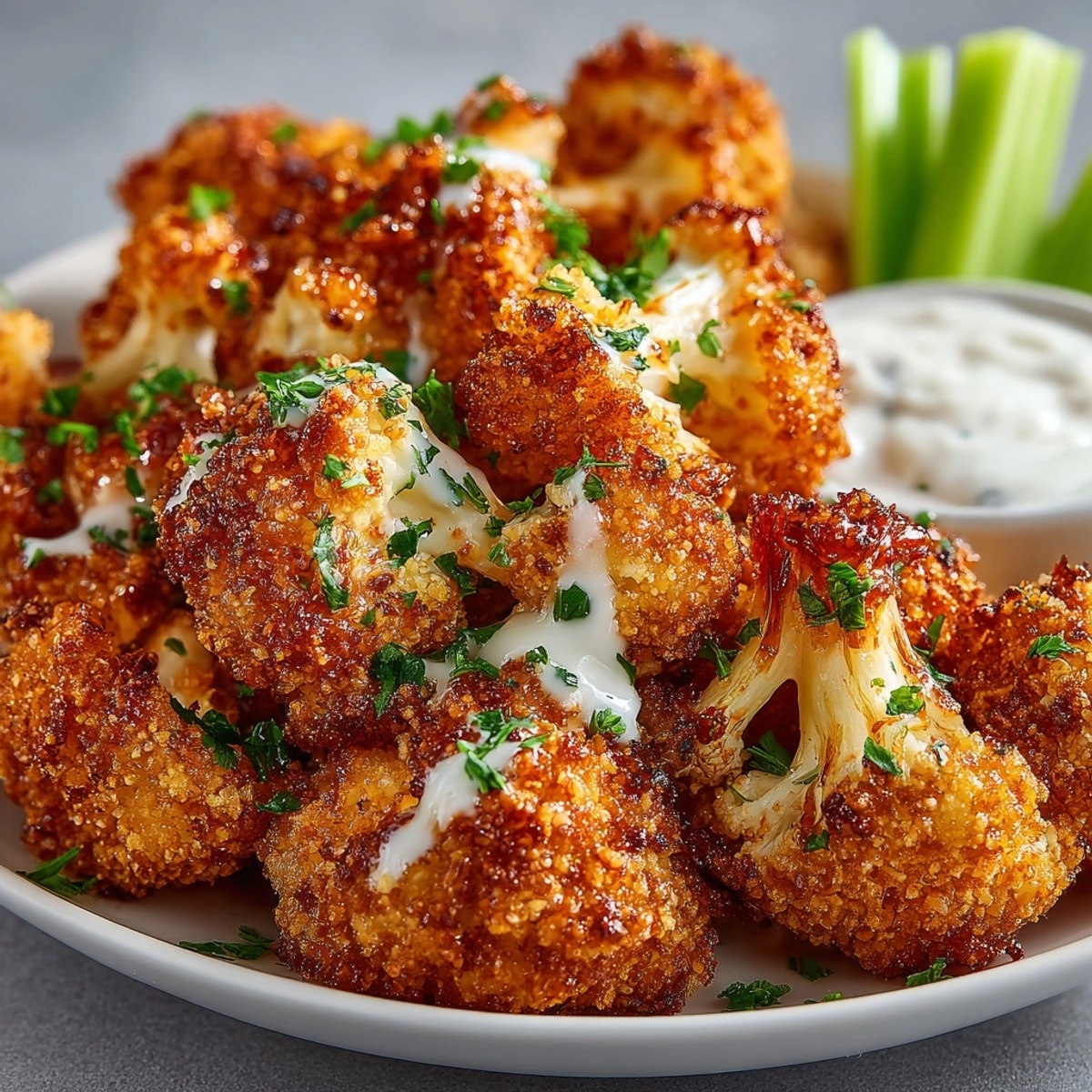 Crispy vegan cauliflower wings coated in spicy hot sauce, served fresh on a party platter.