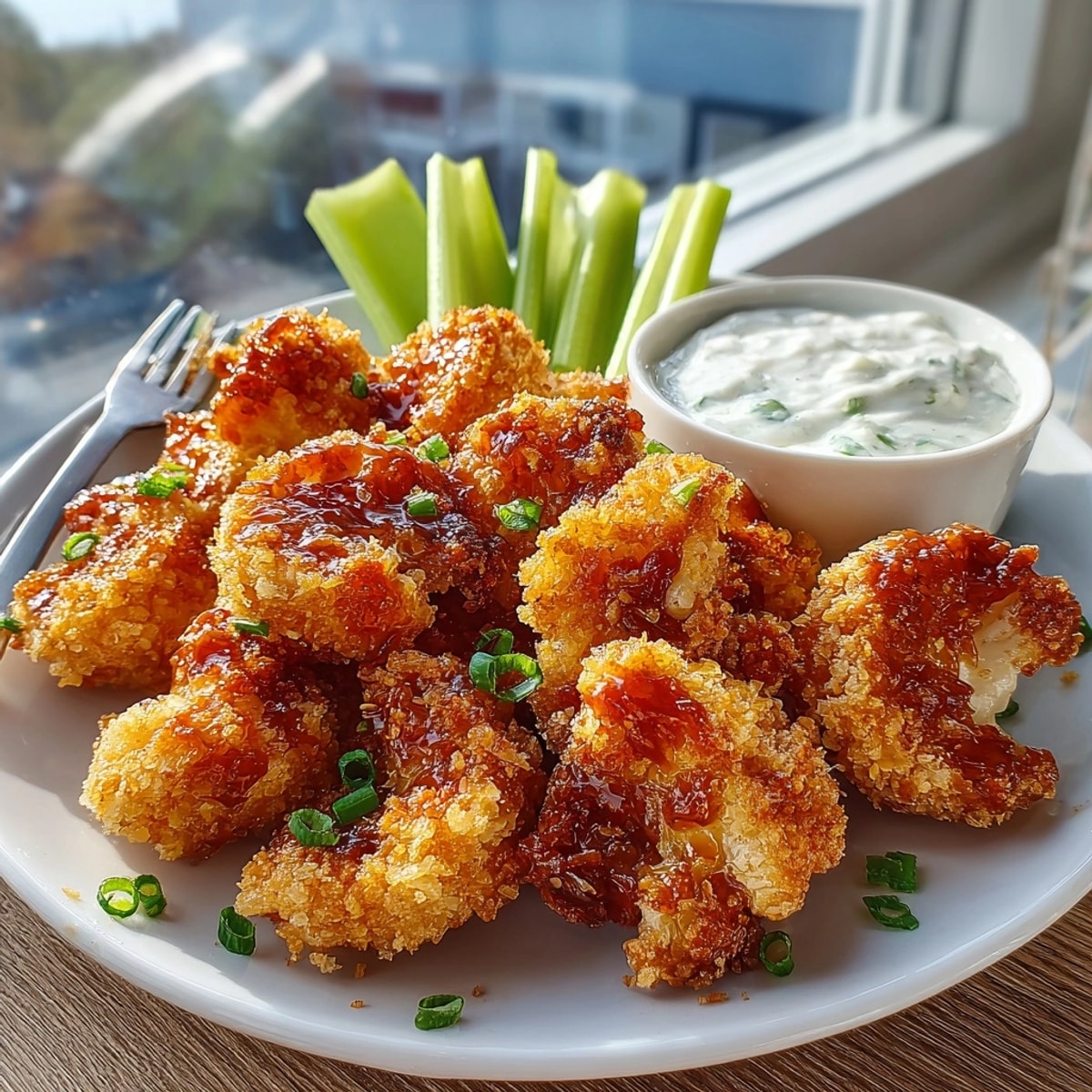 Golden-baked vegan cauliflower wings piled high with crunchy breading and smoky aroma.