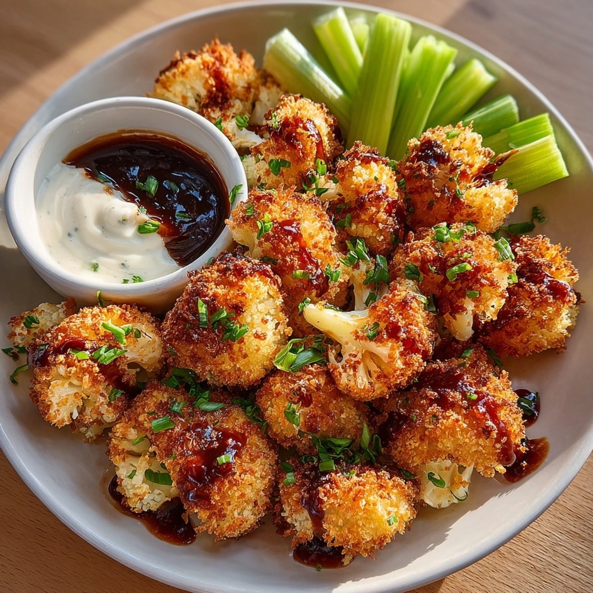 Close-up of vegan cauliflower wings with sticky glaze, ready for dipping with celery sticks.