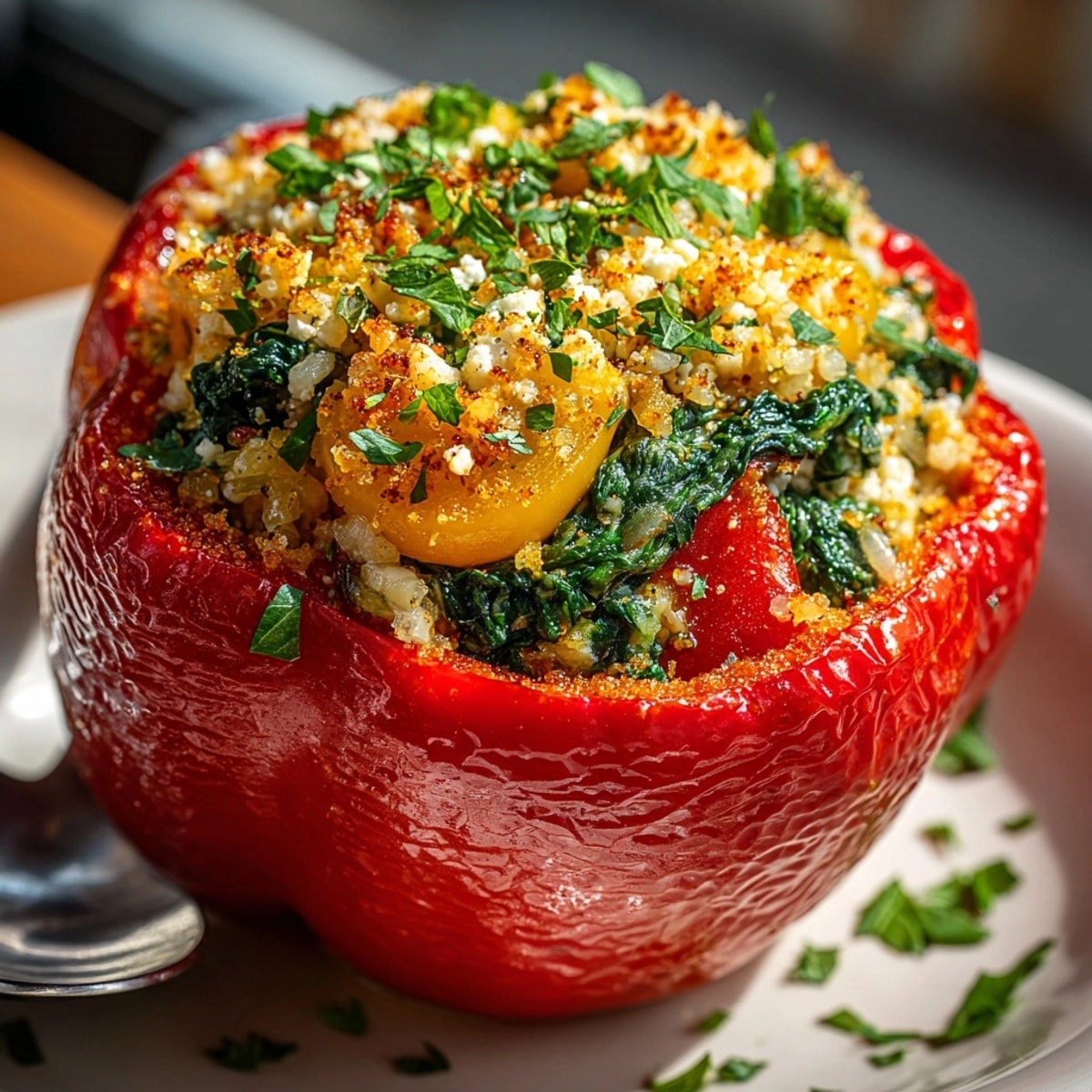 Spinach and Feta Stuffed Peppers baked until golden, brimming with herbed rice and cheese.