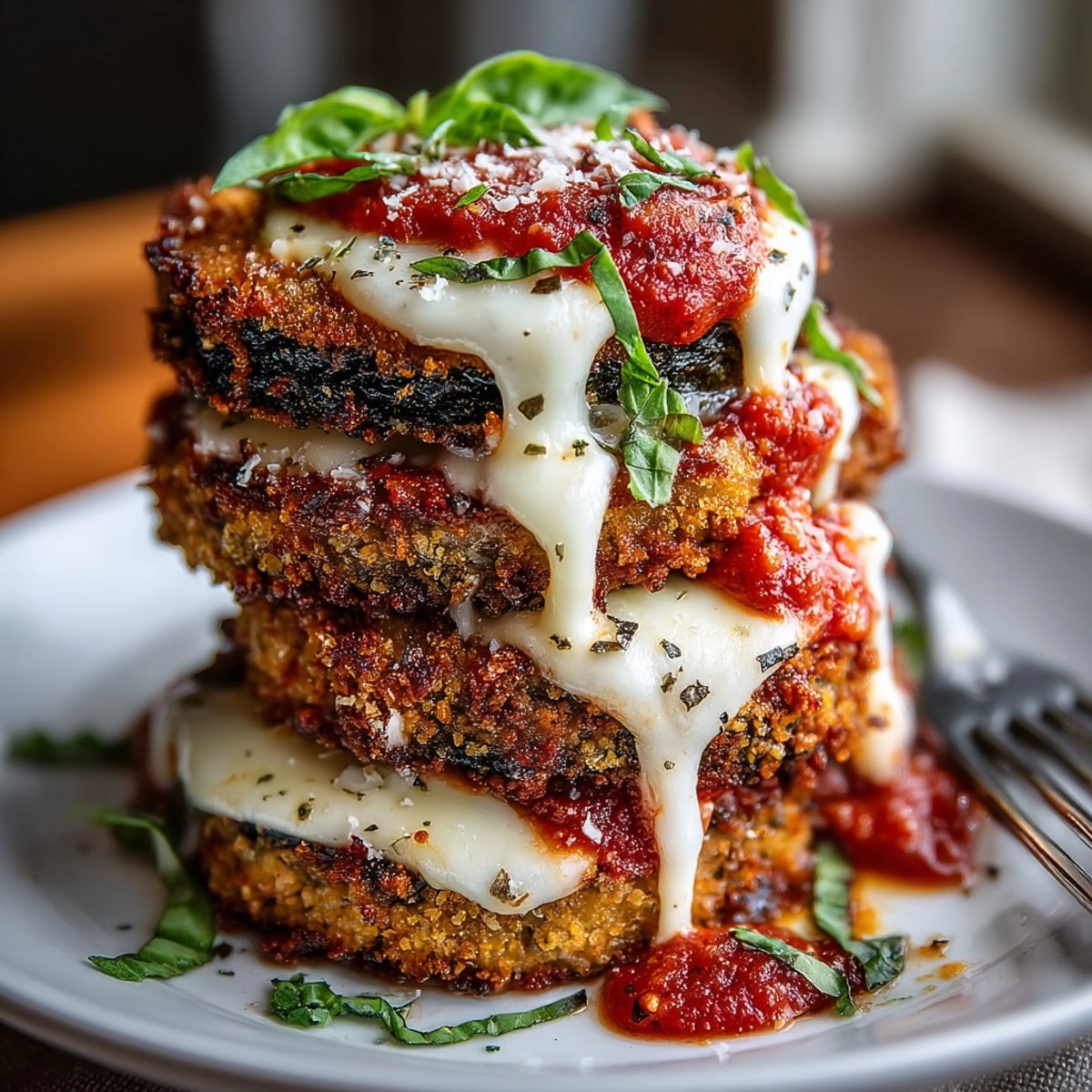 Eggplant Parmesan baked to golden perfection with layers of bubbling cheese and rich tomato sauce.