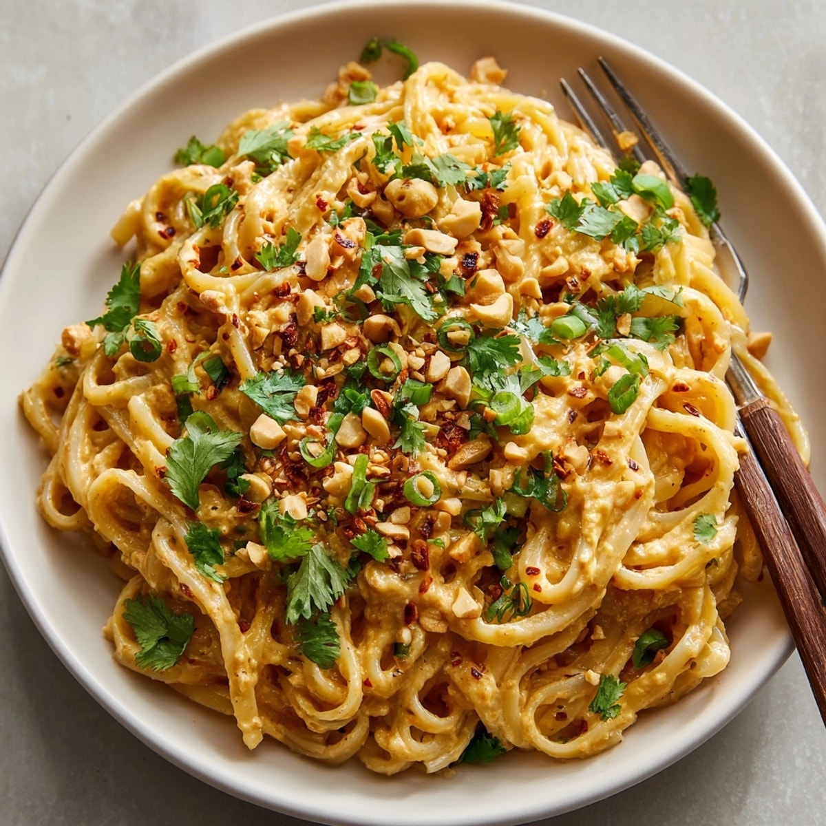 Bowl of 10-Minute Peanut Noodles coated in creamy sauce, garnished with green onions