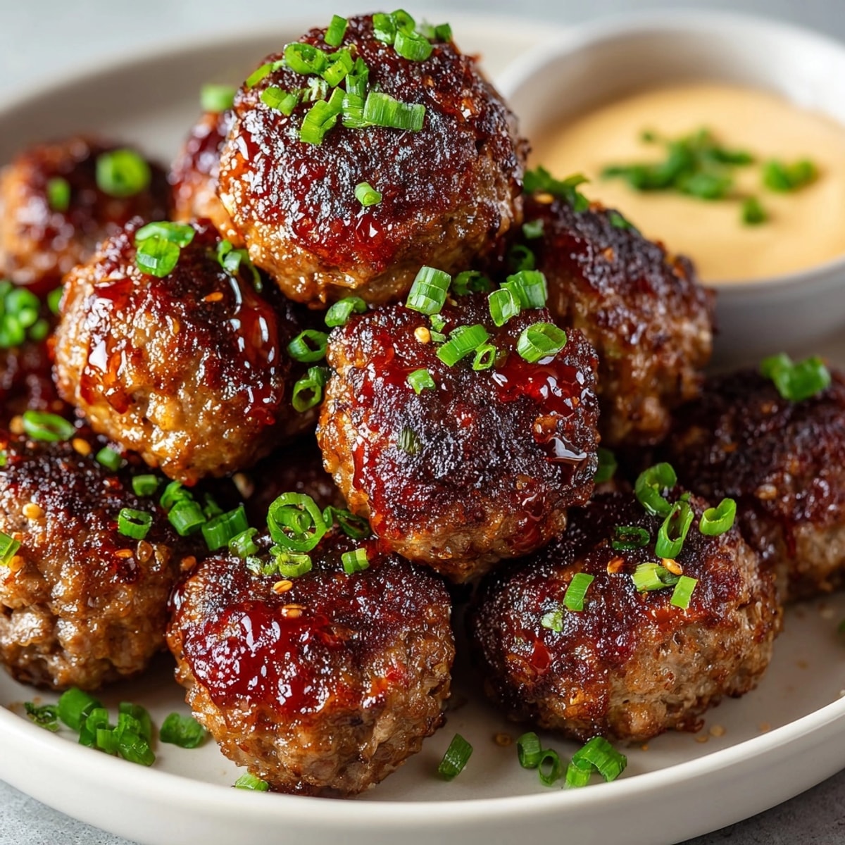 Korean BBQ Meatballs with Spicy Mayo Dip served on a platter, garnished with green onions.