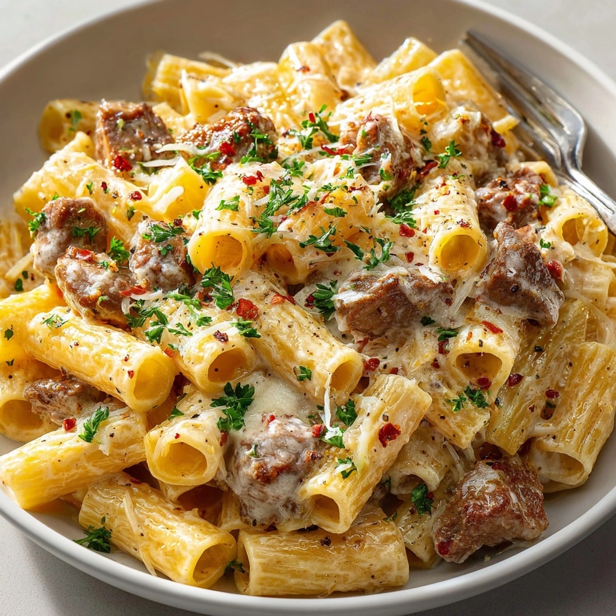 Beef With Pasta in Creamy Garlic Sauce served in a skillet, topped with fresh parsley garnish.