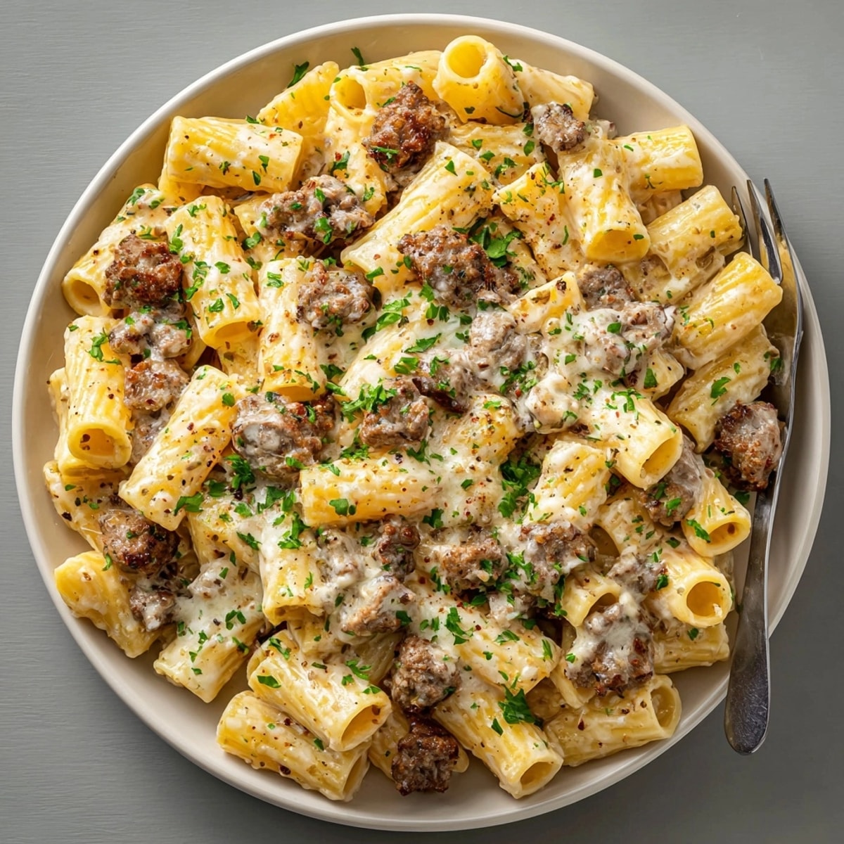 Closeup of cheesy Beef With Pasta in Creamy Garlic Sauce, perfect for a cozy family dinner setting.