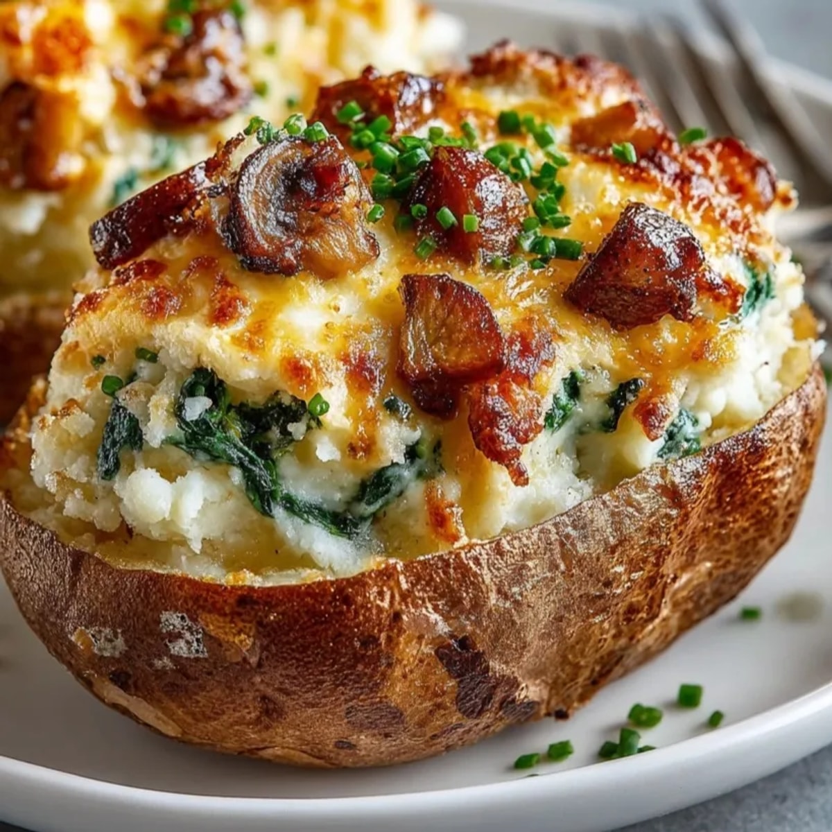 Baked Potatoes with Spinach, Cheese, and Mushrooms served golden brown, topped with fresh chives.