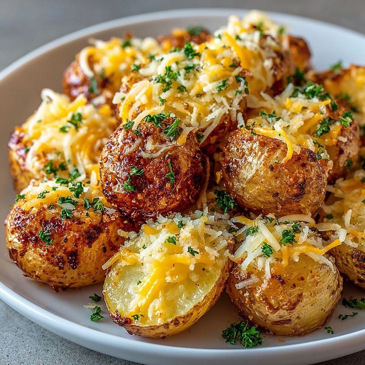 Golden Extra Cheesy Ranch Oven Roasted Potatoes topped with bubbling cheddar and parsley garnish.